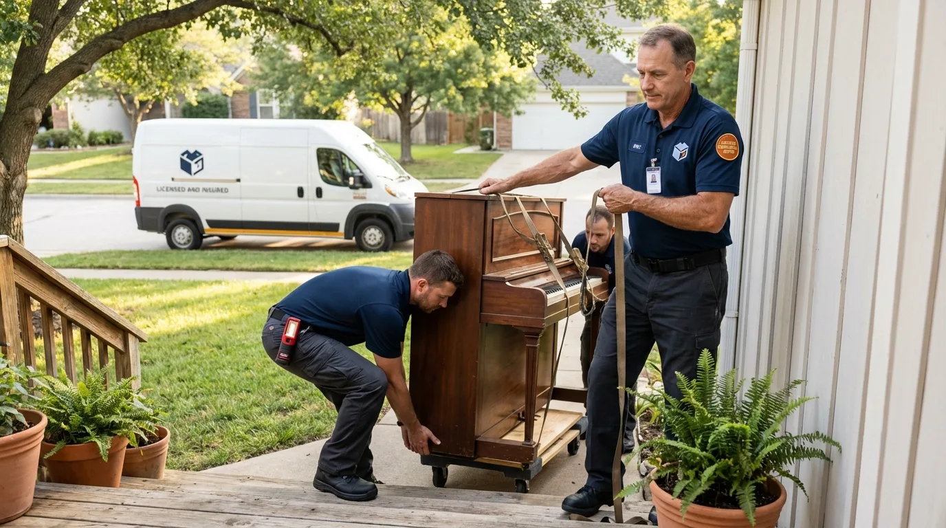 Licensed piano movers securing grand piano in Harper Woods, MI