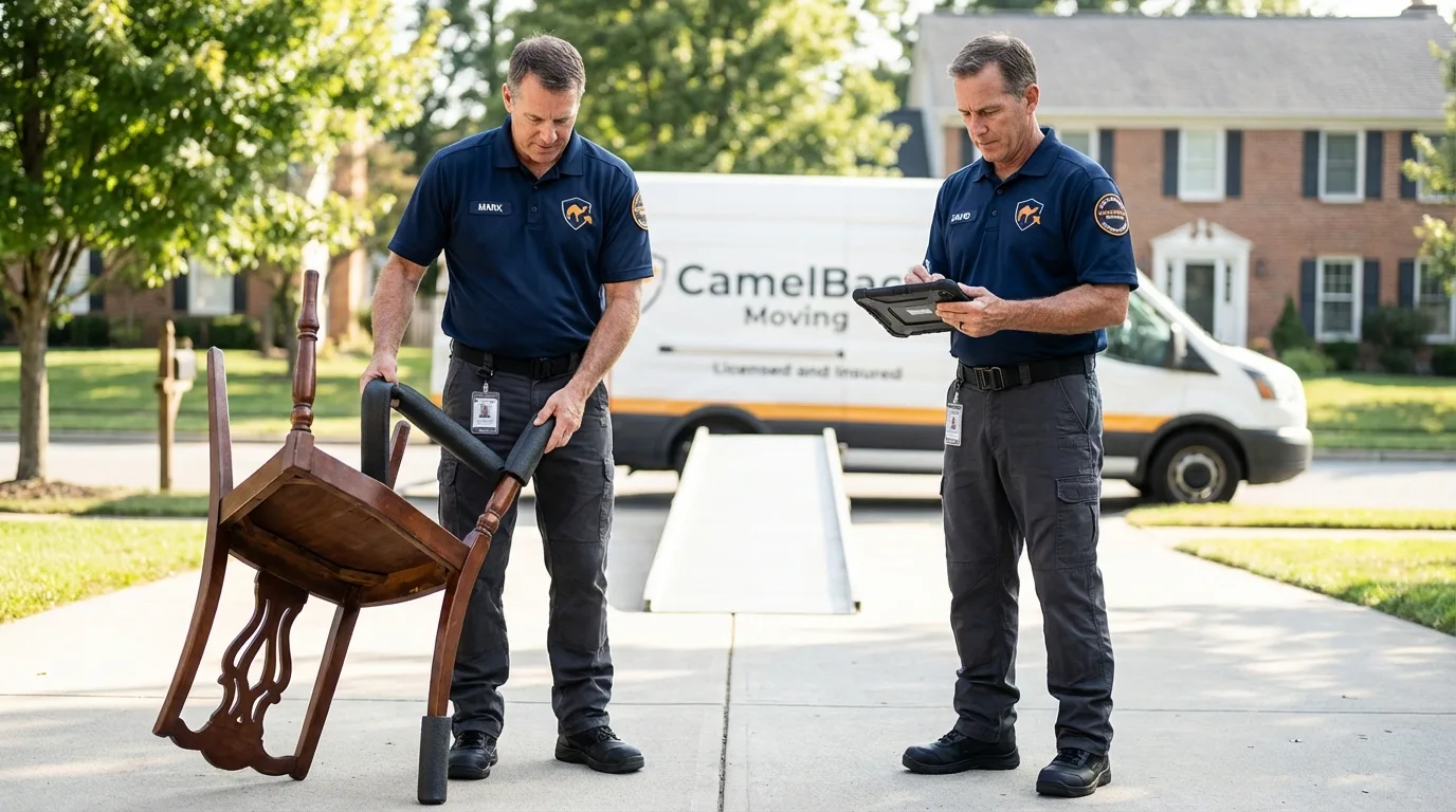 Movers inspecting furniture for damage prevention before loading in Harper Woods, MI