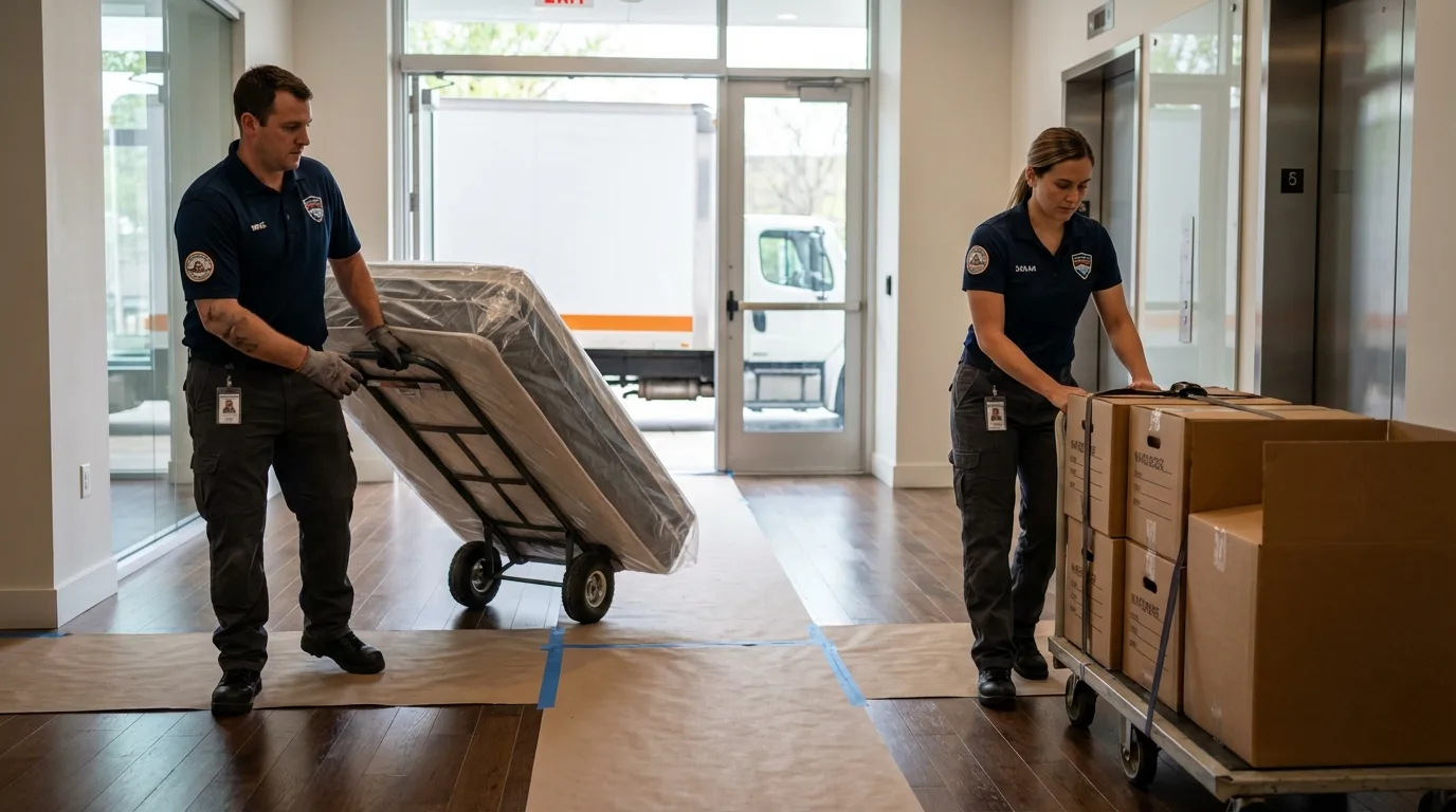 Professional apartment movers loading elevator in Harper Woods, MI